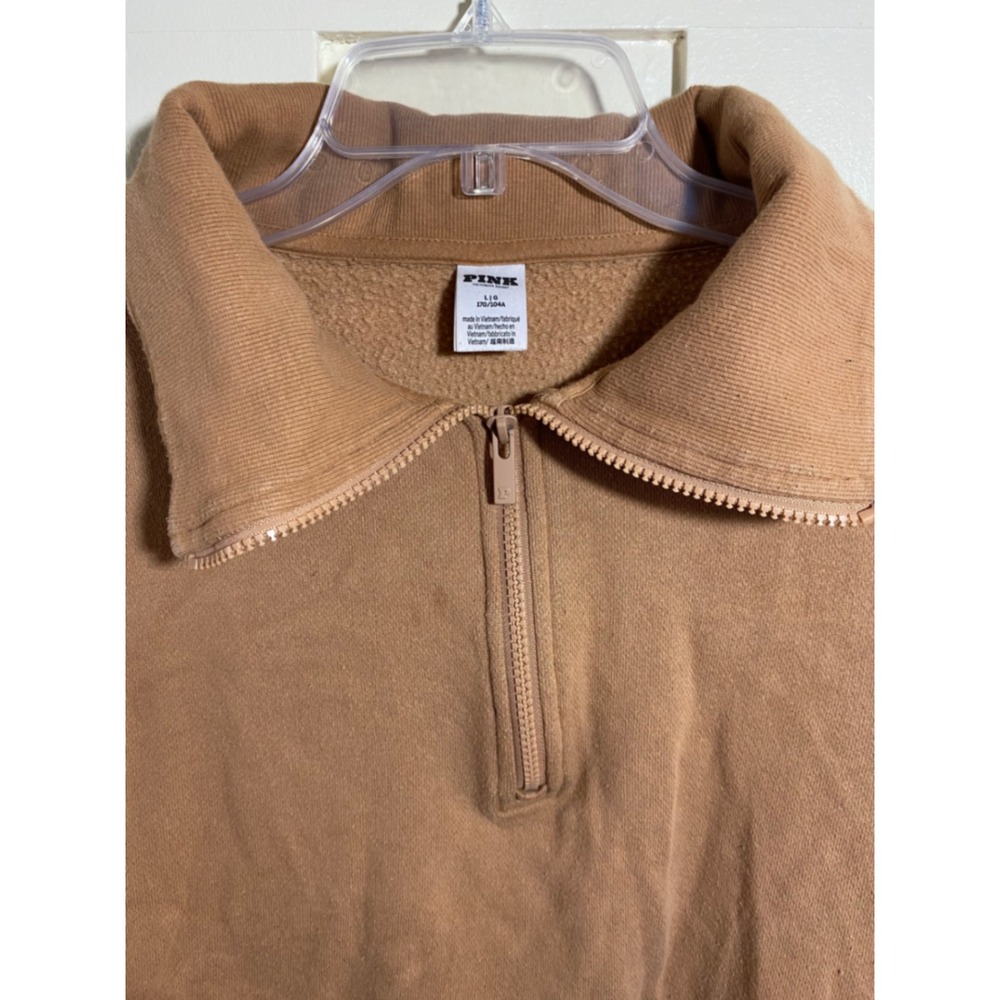 Victorias Secret PINK Quarter Zip Sweatshirt Tan Camel Fleece Pullover Large - Picture 2 of 5
